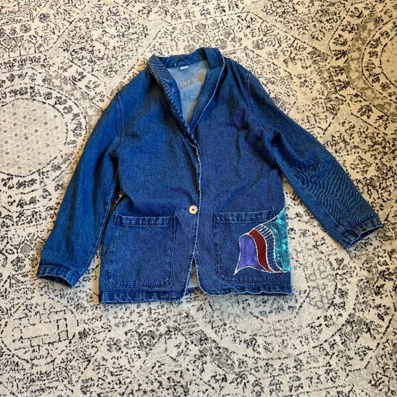 Vintage Typhoons by Melissa Handpainted Aztec Woman Denim Blazer - Picture 2 of 2